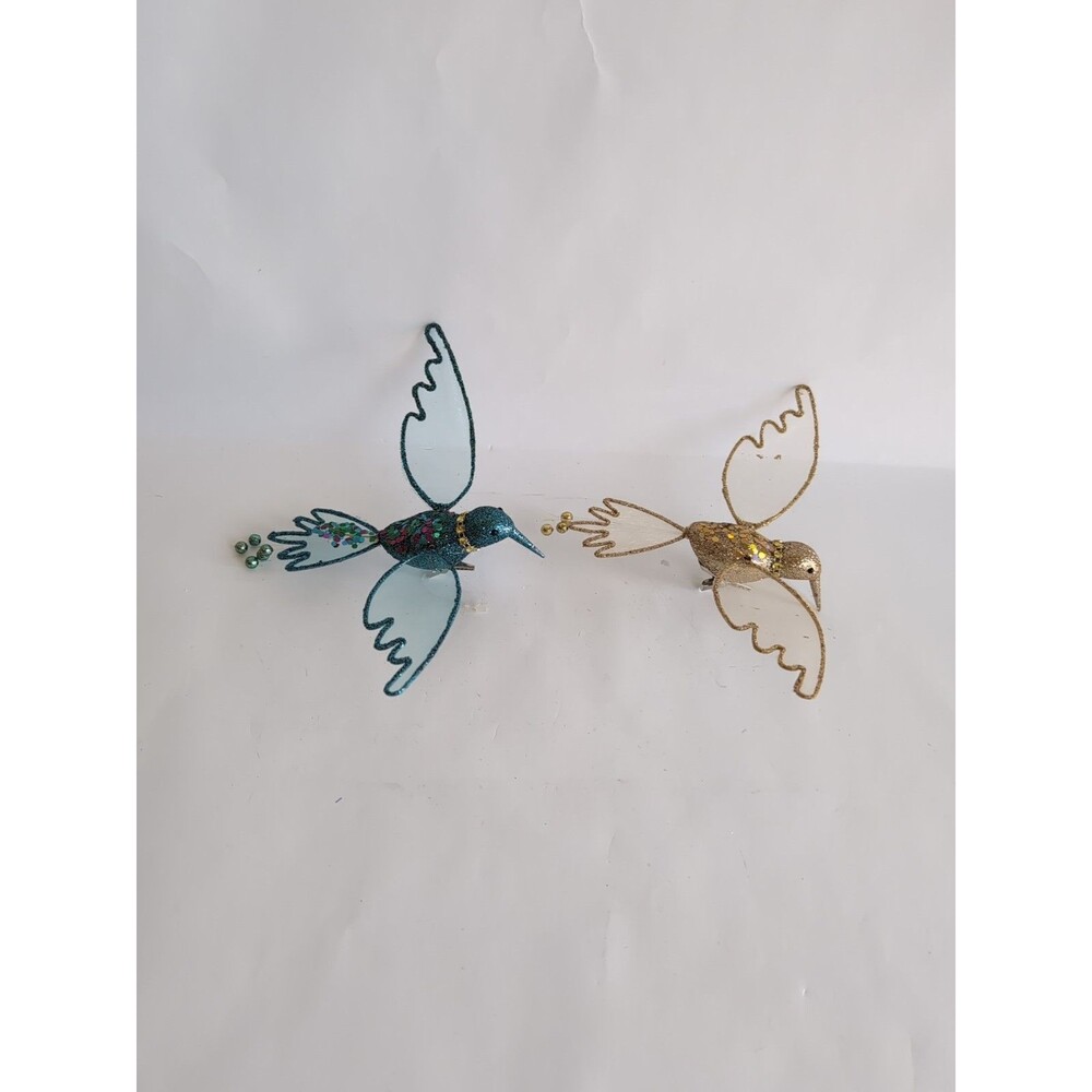 2 Clip-On Teal Blue Gold Hummingbird Glitter Ornaments Tulle Wings MCM